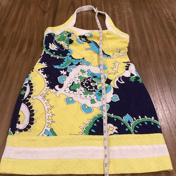 Muse yellow blue halter retro Floral Tropical Halter waffle cotton Dress Size 6 - Picture 3 of 10